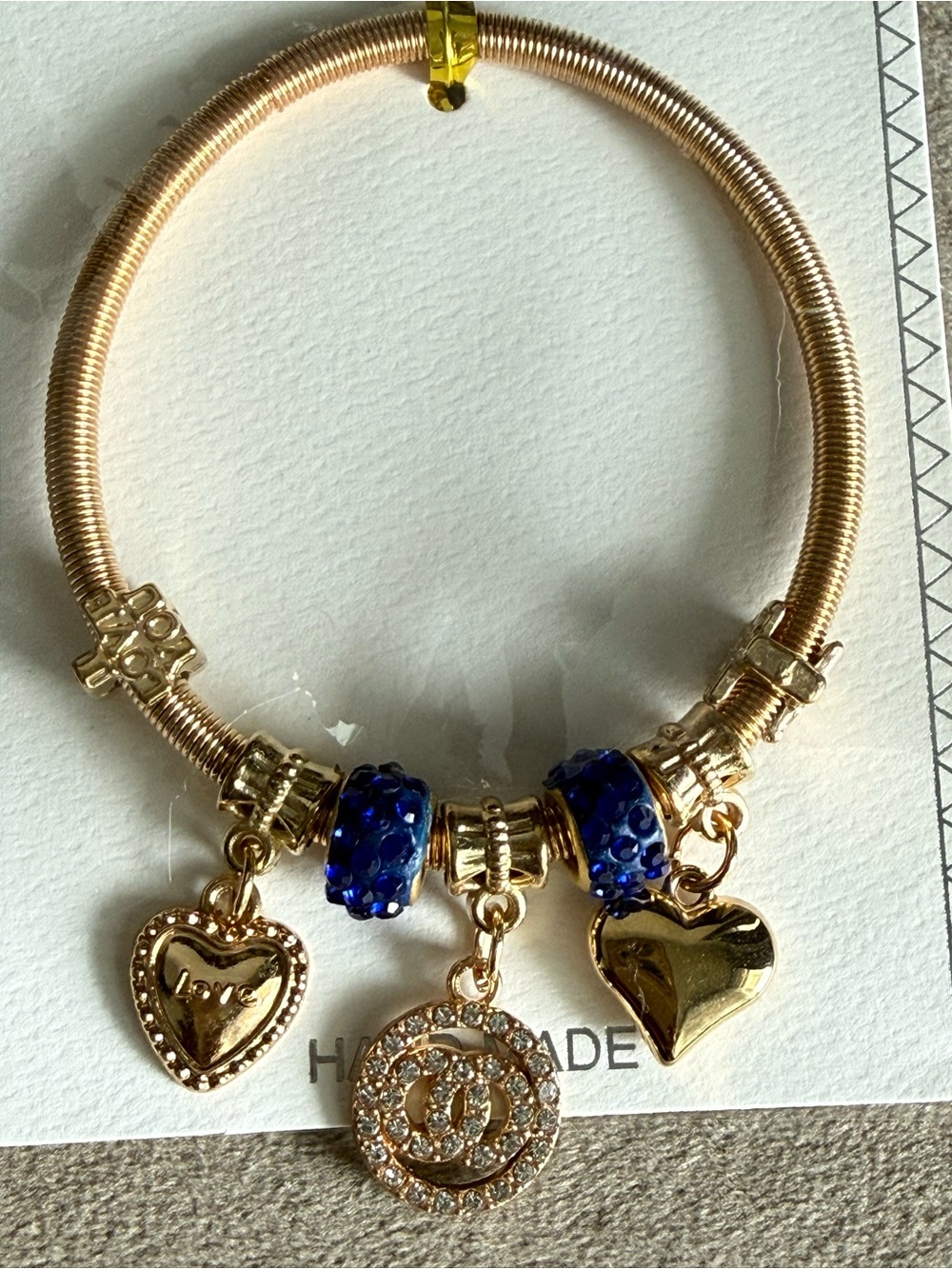 Mint Gold Charm Bracelet with Blue Bead Accents